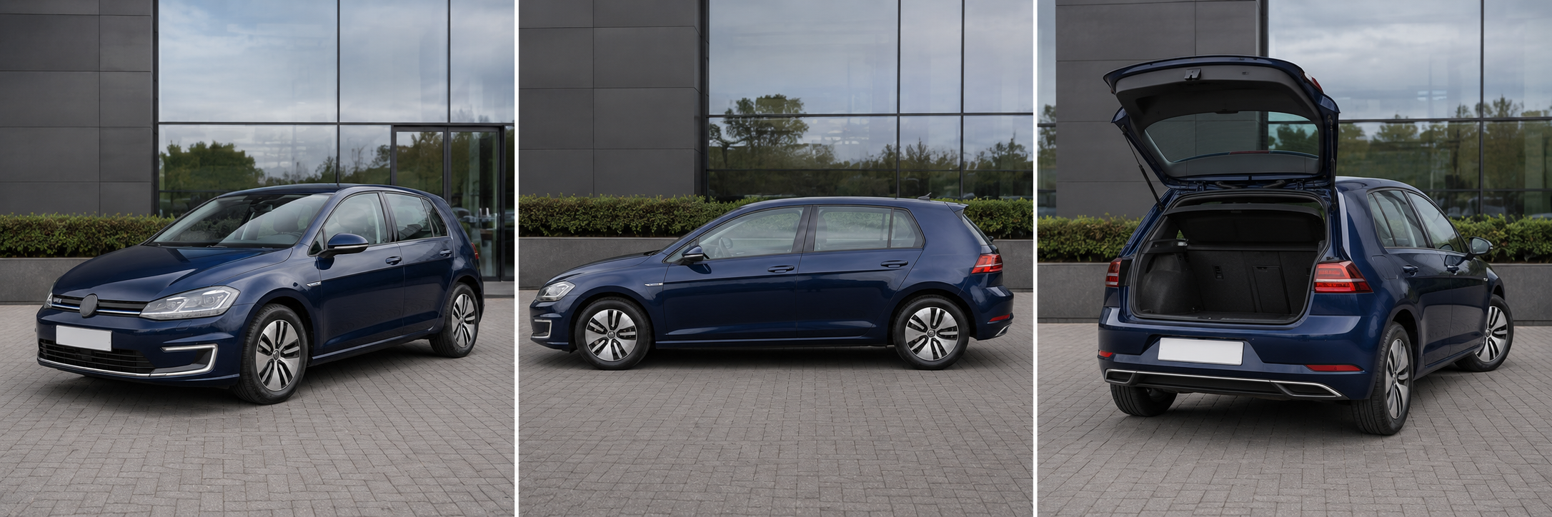 Dark blue 2018 Volkswagen Golf GTE, registration LX18 UOV. Front, side and boot-space views shown.