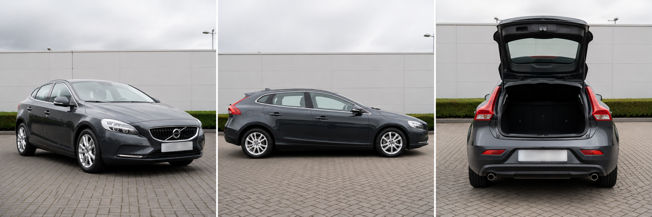 Dark grey Volvo V40 hatchback, registration AK66 SPU. Front, side and boot-space views shown.